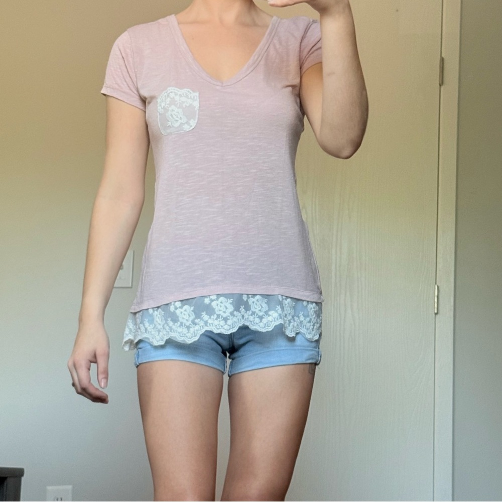 Cute Pink Shirt with Lace and Front Pocket